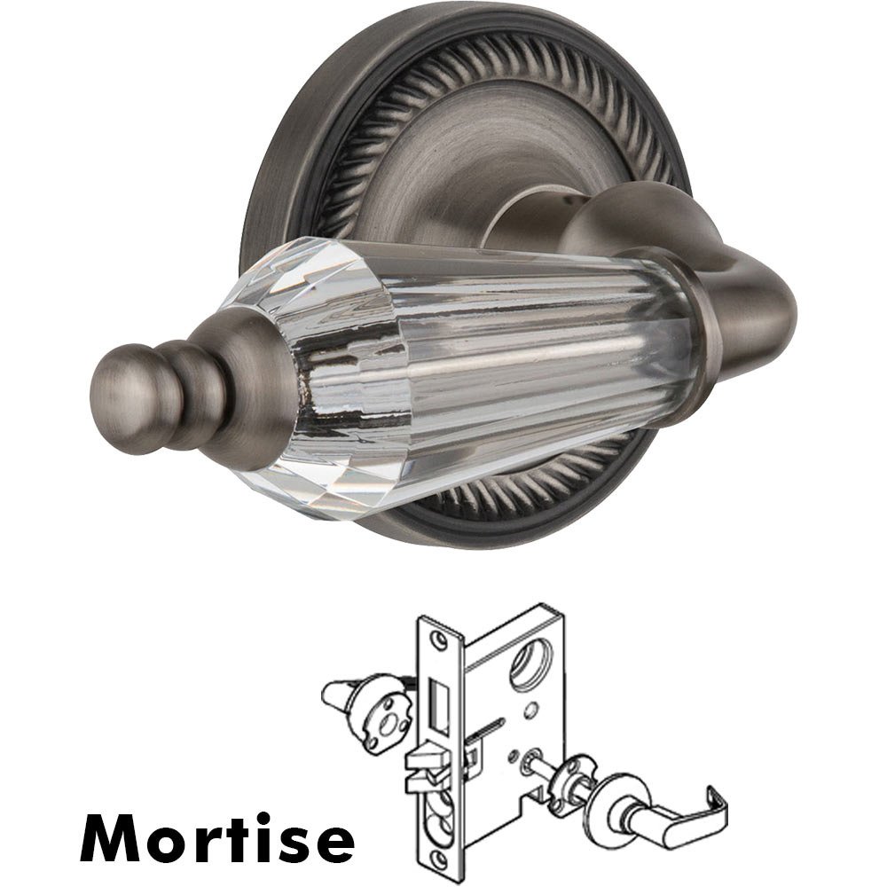 Complete Mortise Lockset - Rope Rosette with Parlour Crystal Lever in Antique Pewter