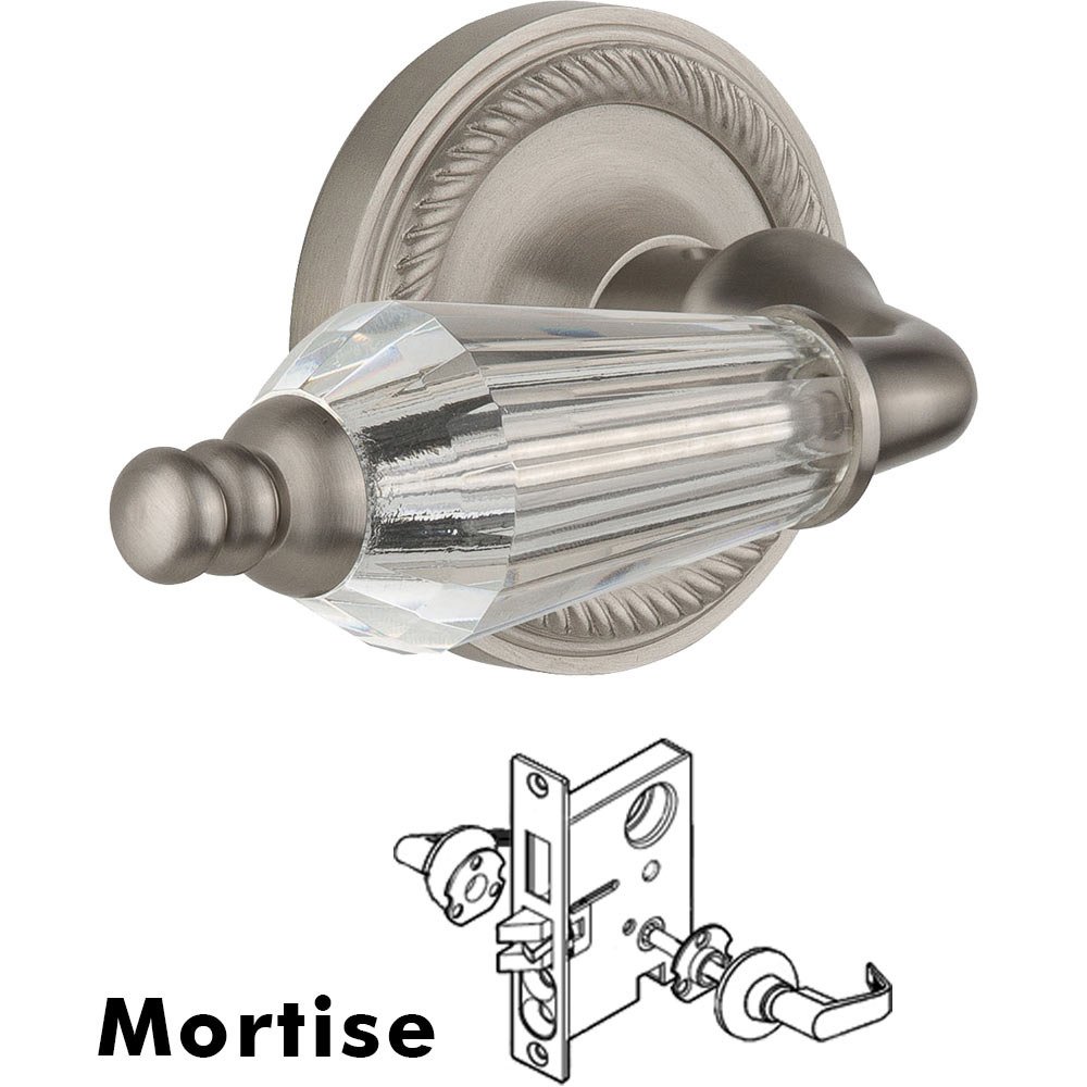 Complete Mortise Lockset - Rope Rosette with Parlour Crystal Lever in Satin Nickel