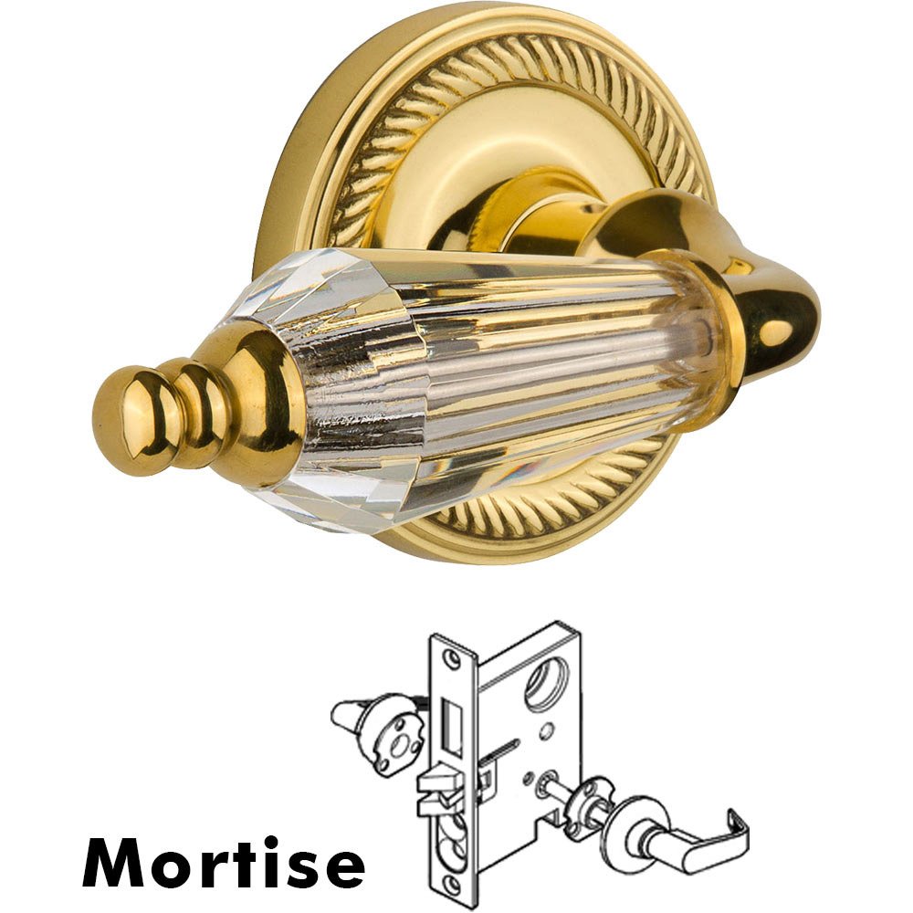 Complete Mortise Lockset - Rope Rosette with Parlour Crystal Lever in Unlacquered Brass