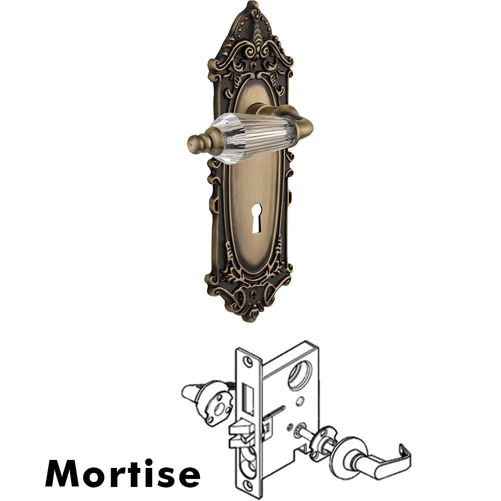 Complete Mortise Lockset - Victorian Plate with Parlour Crystal Lever in Antique Brass