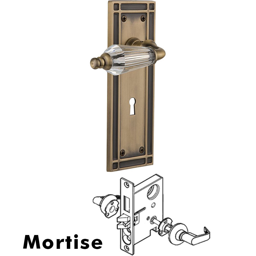 Complete Mortise Lockset - Mission Plate with Parlour Crystal Lever in Antique Brass