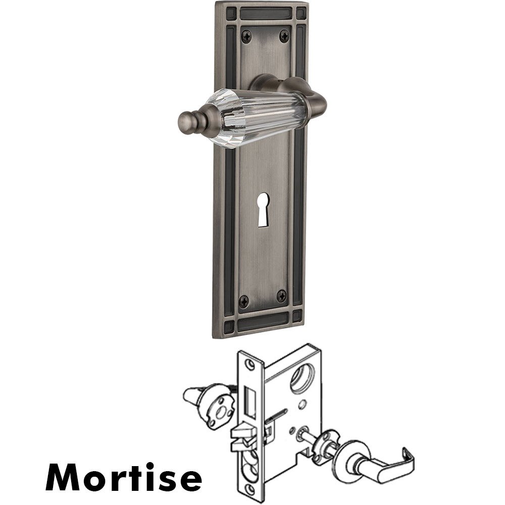Complete Mortise Lockset - Mission Plate with Parlour Crystal Lever in Antique Pewter
