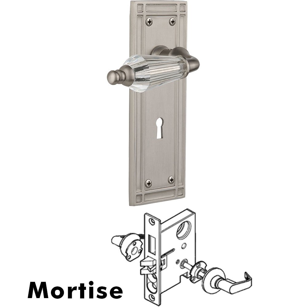 Complete Mortise Lockset - Mission Plate with Parlour Crystal Lever in Satin Nickel