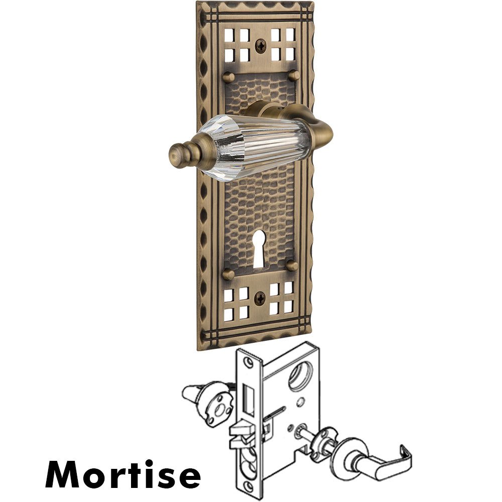 Complete Mortise Lockset - Craftsman Plate with Parlour Crystal Lever in Antique Brass