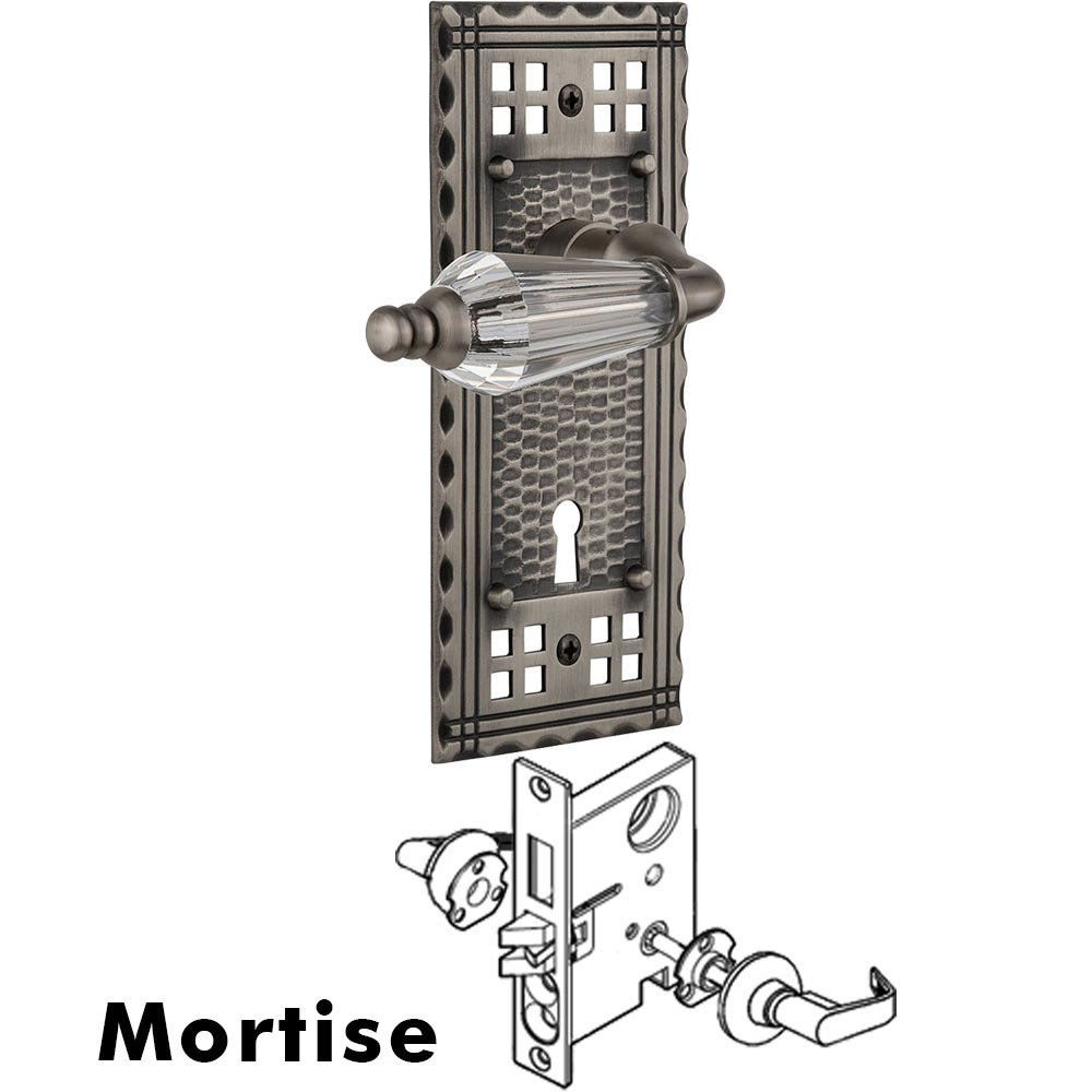 Complete Mortise Lockset - Craftsman Plate with Parlour Crystal Lever in Antique Pewter