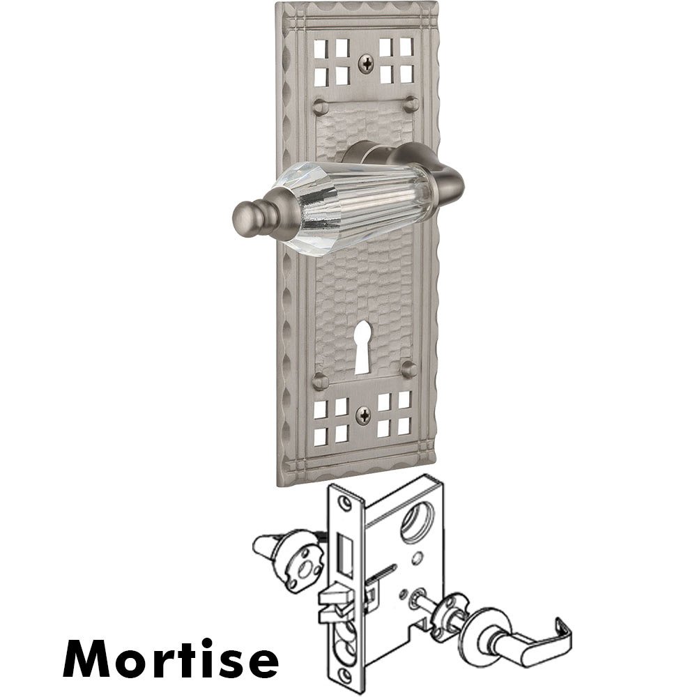 Complete Mortise Lockset - Craftsman Plate with Parlour Crystal Lever in Satin Nickel