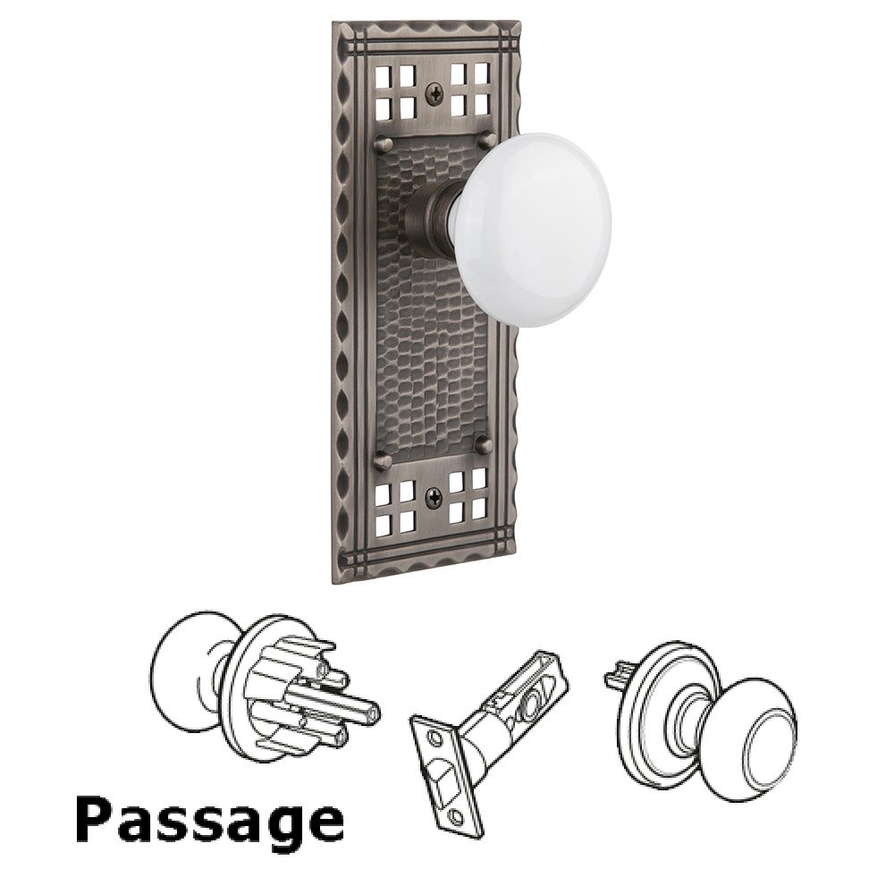 Passage Craftsman Plate with White Porcelain Knob in Antique Pewter