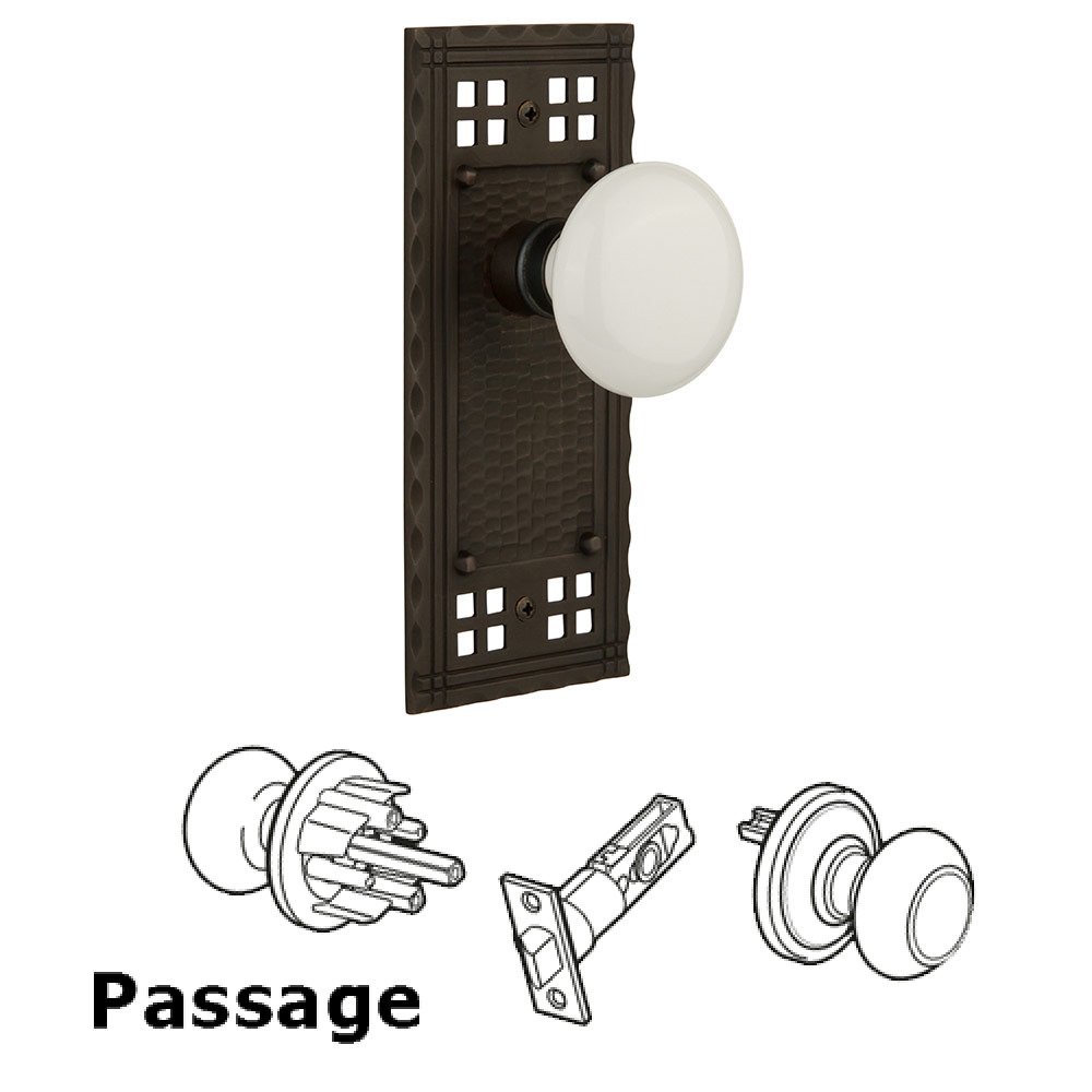Passage Craftsman Plate with White Porcelain Knob in Oil Rubbed Bronze