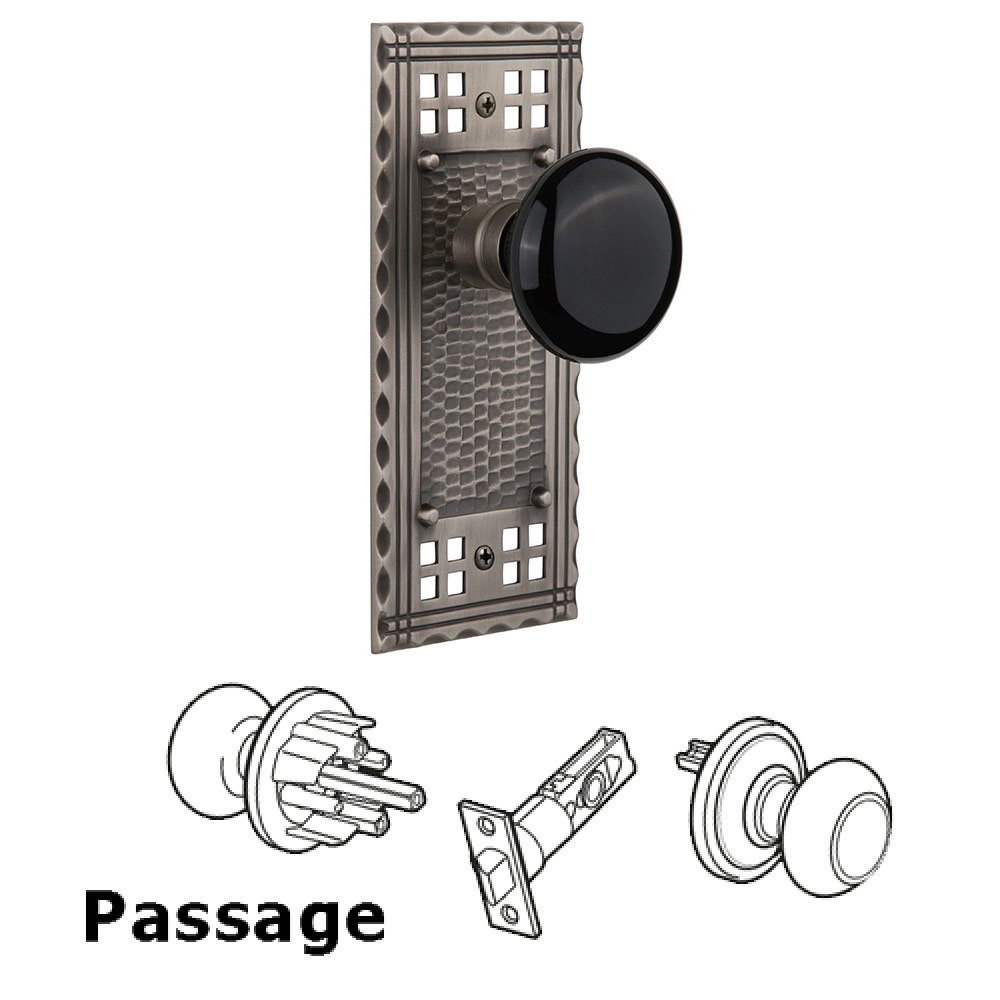 Passage Craftsman Plate with Black Porcelain Knob in Antique Pewter