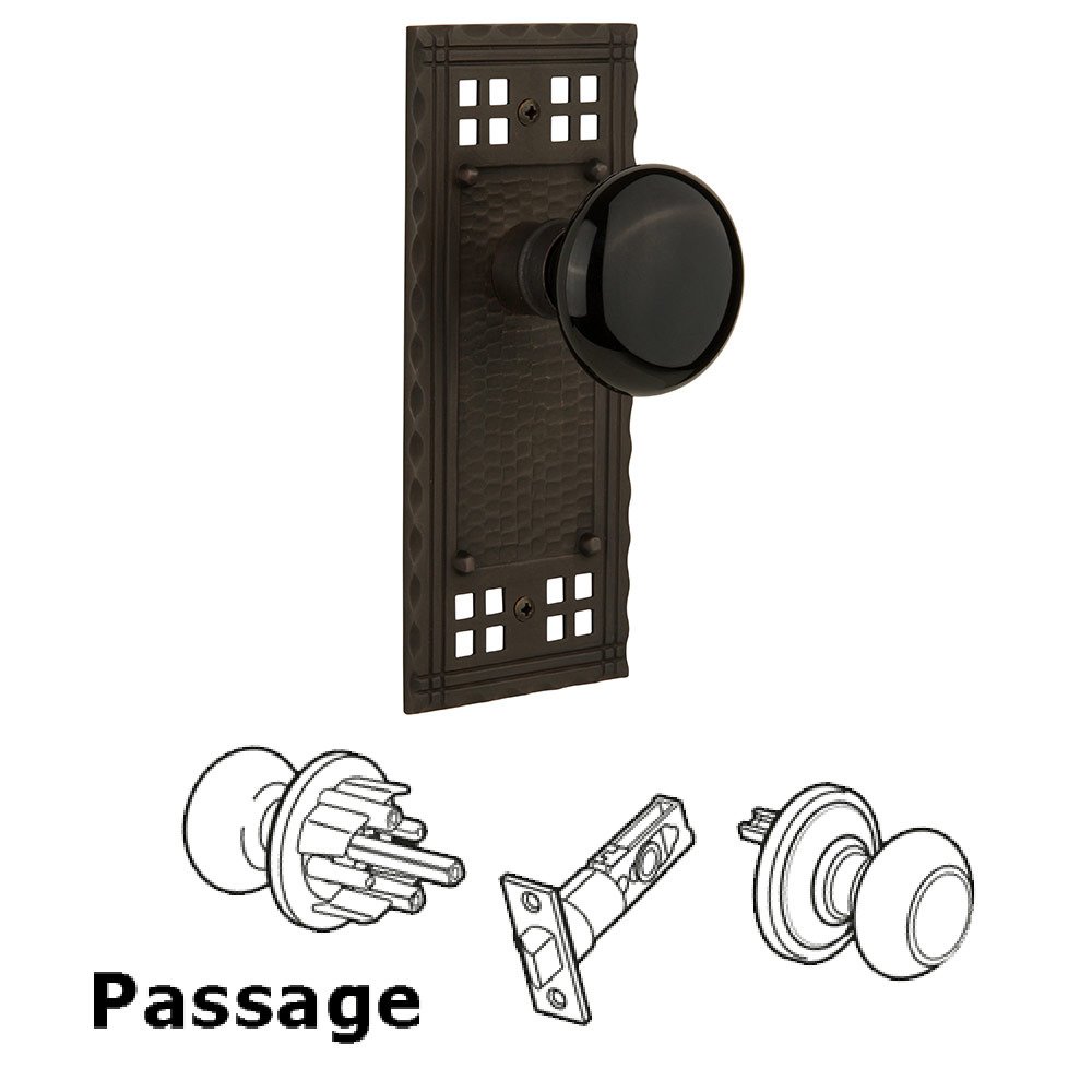 Passage Craftsman Plate with Black Porcelain Knob in Oil Rubbed Bronze