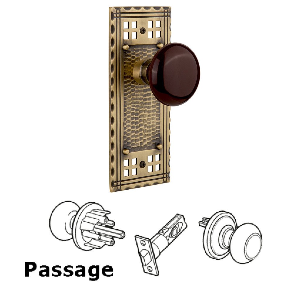 Passage Craftsman Plate with Brown Porcelain Door Knob in Antique Brass