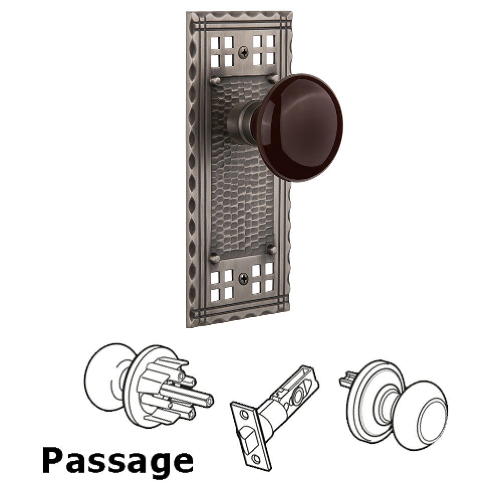 Passage Craftsman Plate with Brown Porcelain Door Knob in Antique Pewter