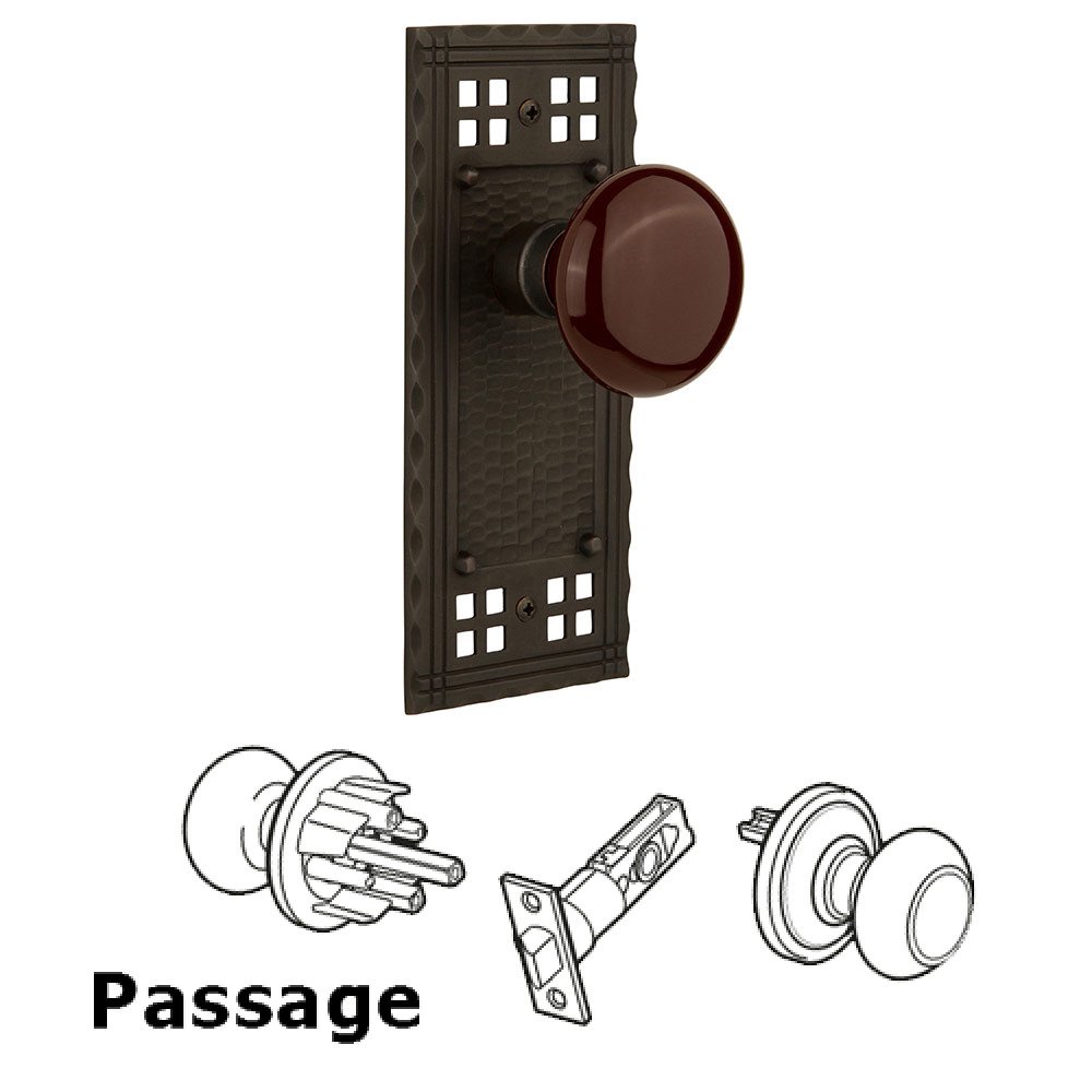 Passage Craftsman Plate with Brown Porcelain Door Knob in Oil Rubbed Bronze