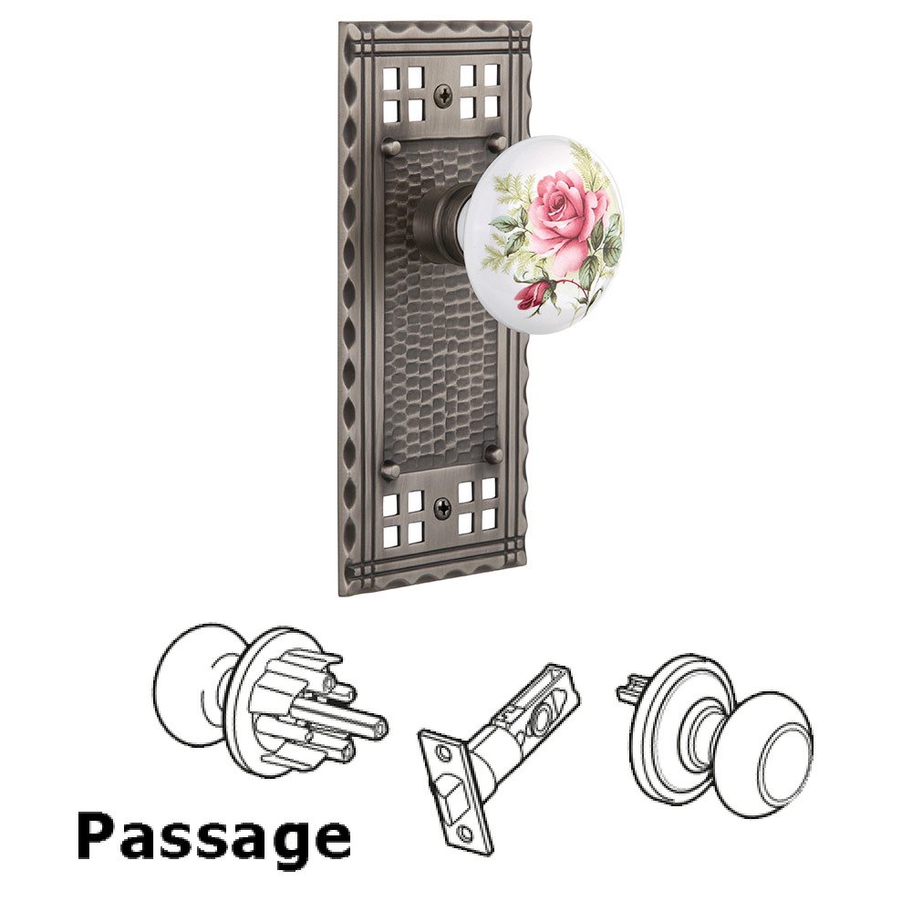 Passage Craftsman Plate with White Rose Porcelain Knob in Antique Pewter