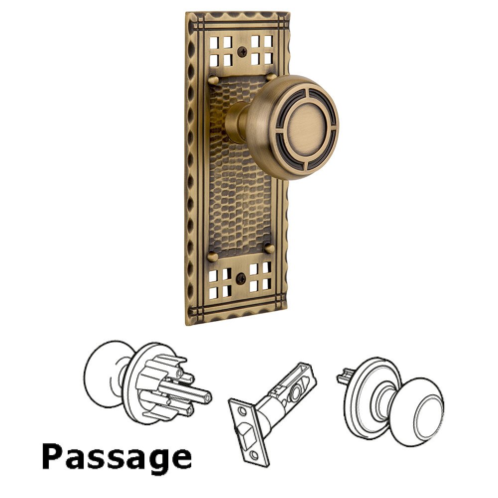 Passage Craftsman Plate with Mission Door Knob in Antique Brass