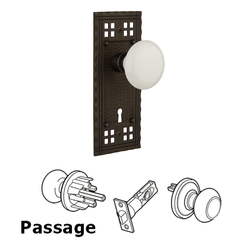 Passage Craftsman Plate with White Porcelain Knob and Keyhole in Oil Rubbed Bronze