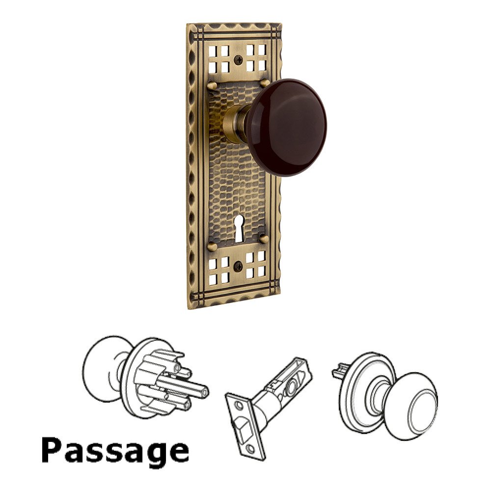Passage Craftsman Plate with Keyhole and Brown Porcelain Door Knob in Antique Brass