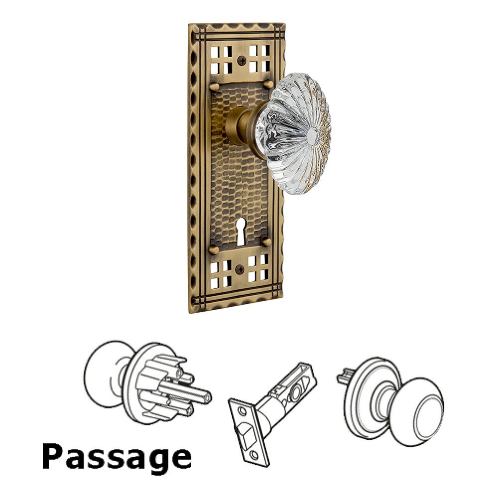 Passage Craftsman Plate with Keyhole and Oval Fluted Crystal Glass Door Knob in Antique Brass
