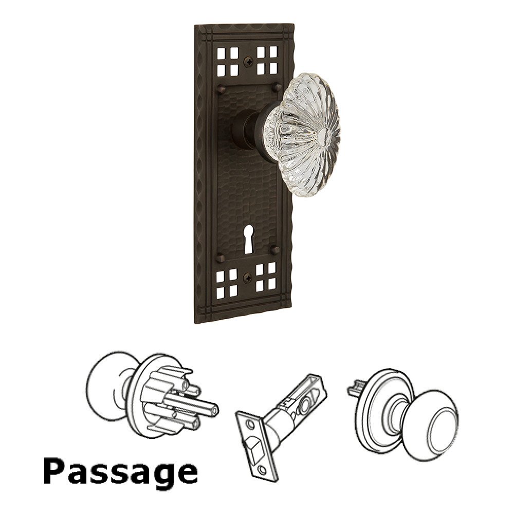 Passage Craftsman Plate with Keyhole and Oval Fluted Crystal Glass Door Knob in Oil-Rubbed Bronze