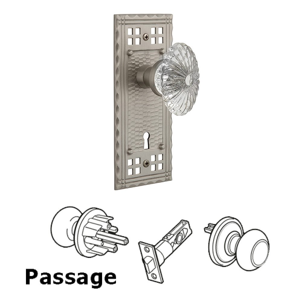 Passage Craftsman Plate with Oval Fluted Crystal Knob and Keyhole in Satin Nickel