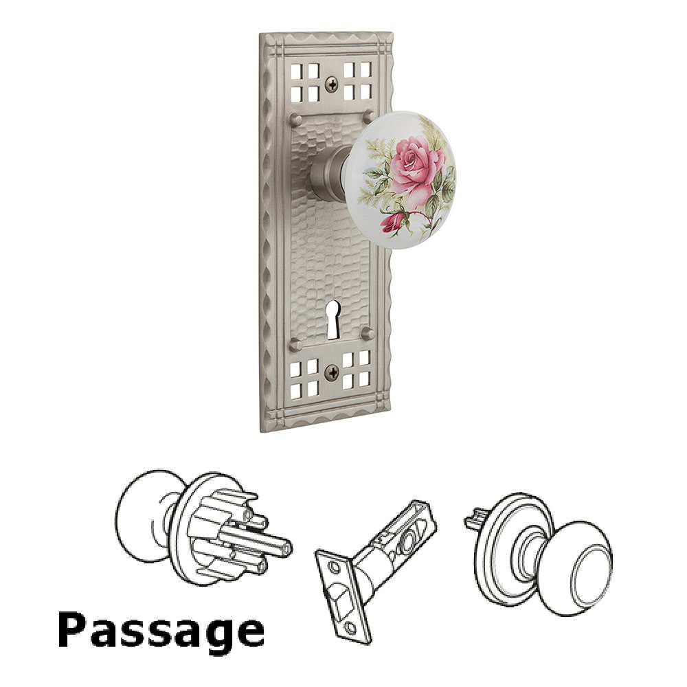 Passage Craftsman Plate with Keyhole and White Rose Porcelain Door Knob in Satin Nickel