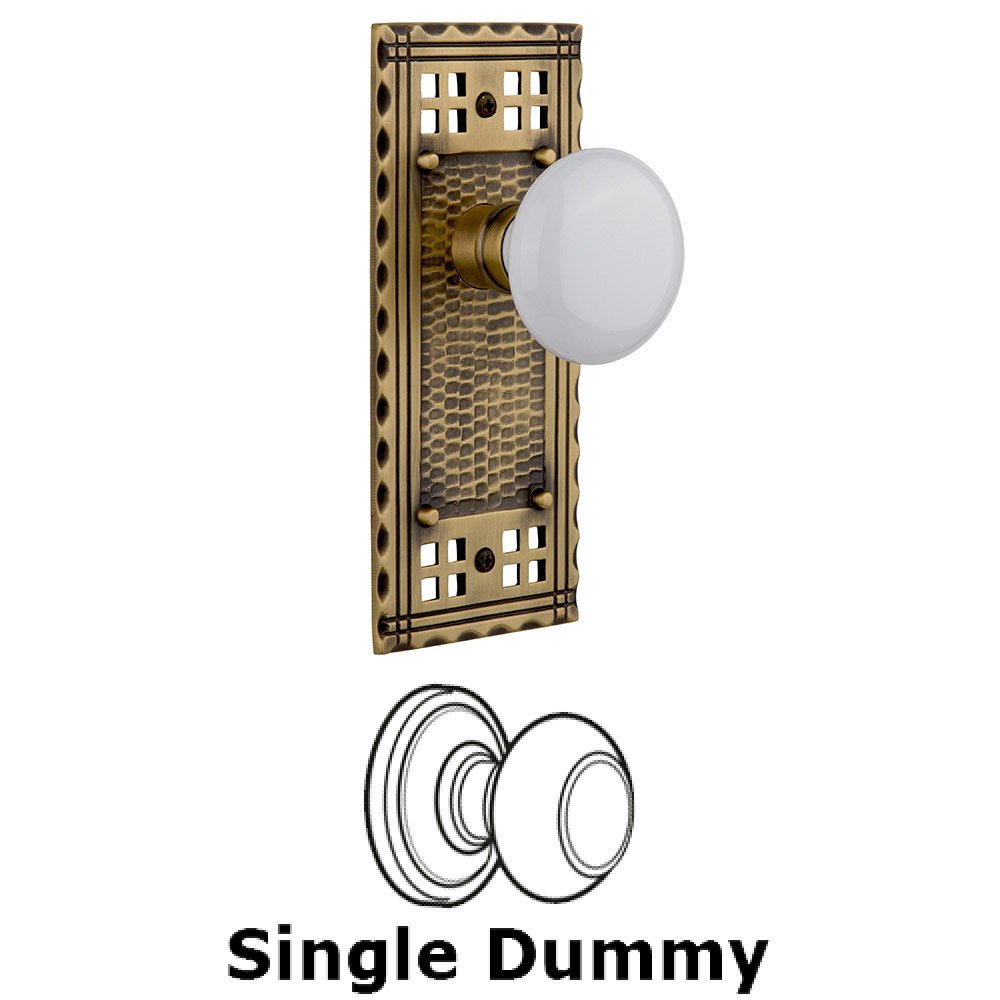 Single Dummy Craftsman Plate with White Porcelain Knob in Antique Brass
