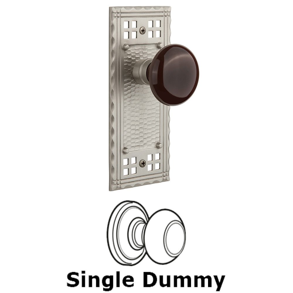 Single Dummy Craftsman Plate with Brown Porcelain Knob in Satin Nickel