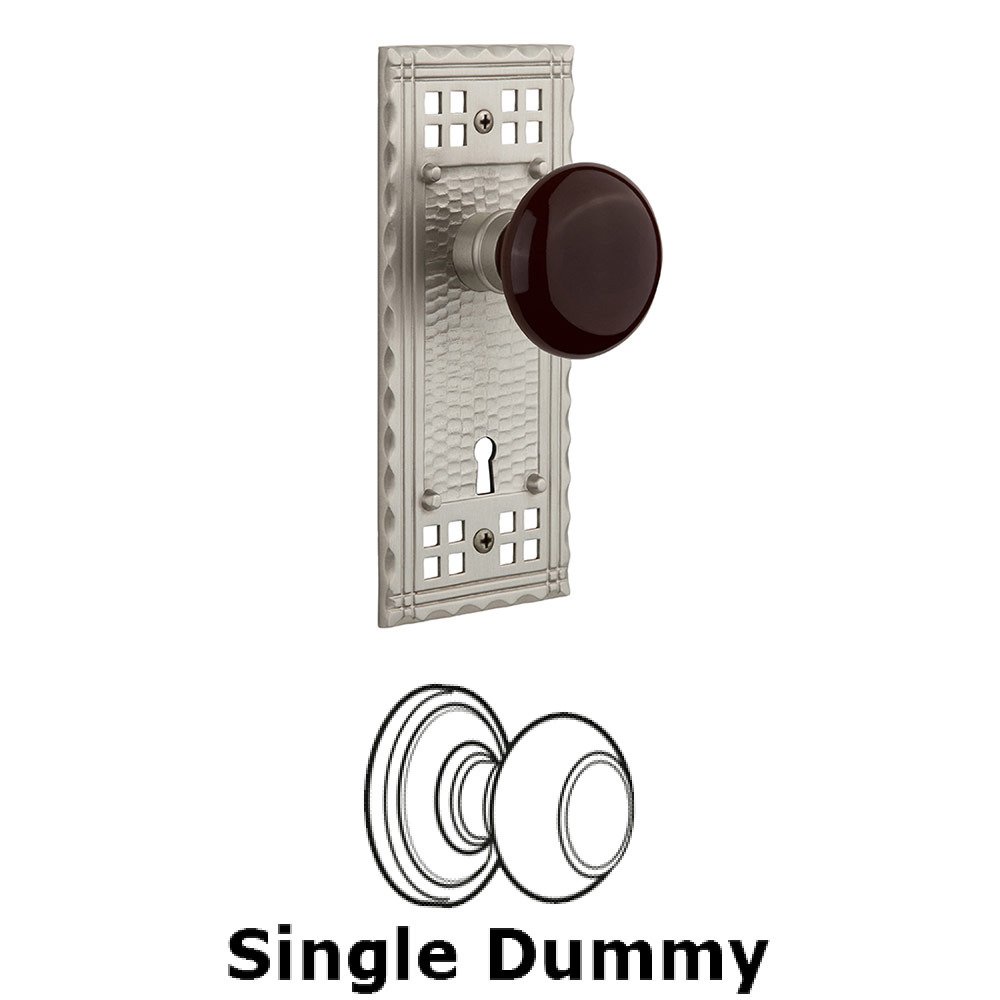 Single Dummy Craftsman Plate with Brown Porcelain Knob and Keyhole in Satin Nickel