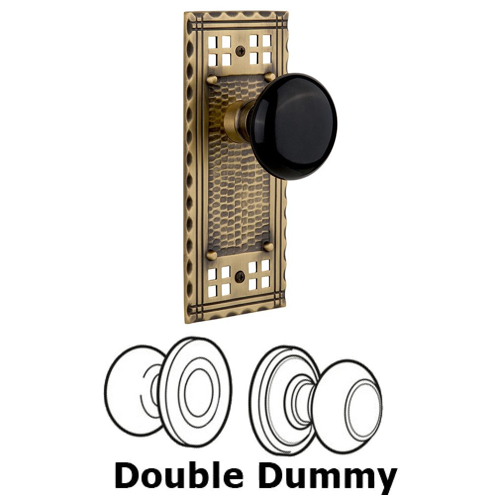 Double Dummy Craftsman Plate with Black Porcelain Knob in Antique Brass