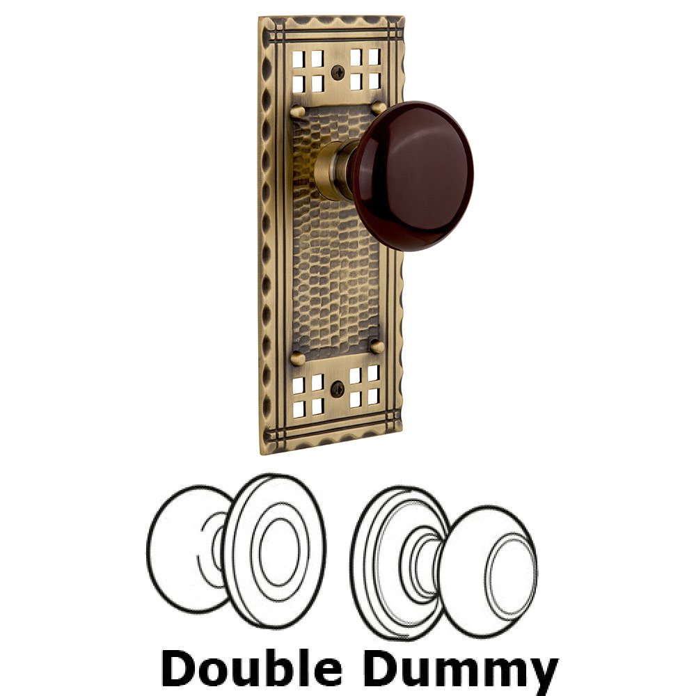 Double Dummy Craftsman Plate with Brown Porcelain Knob in Antique Brass
