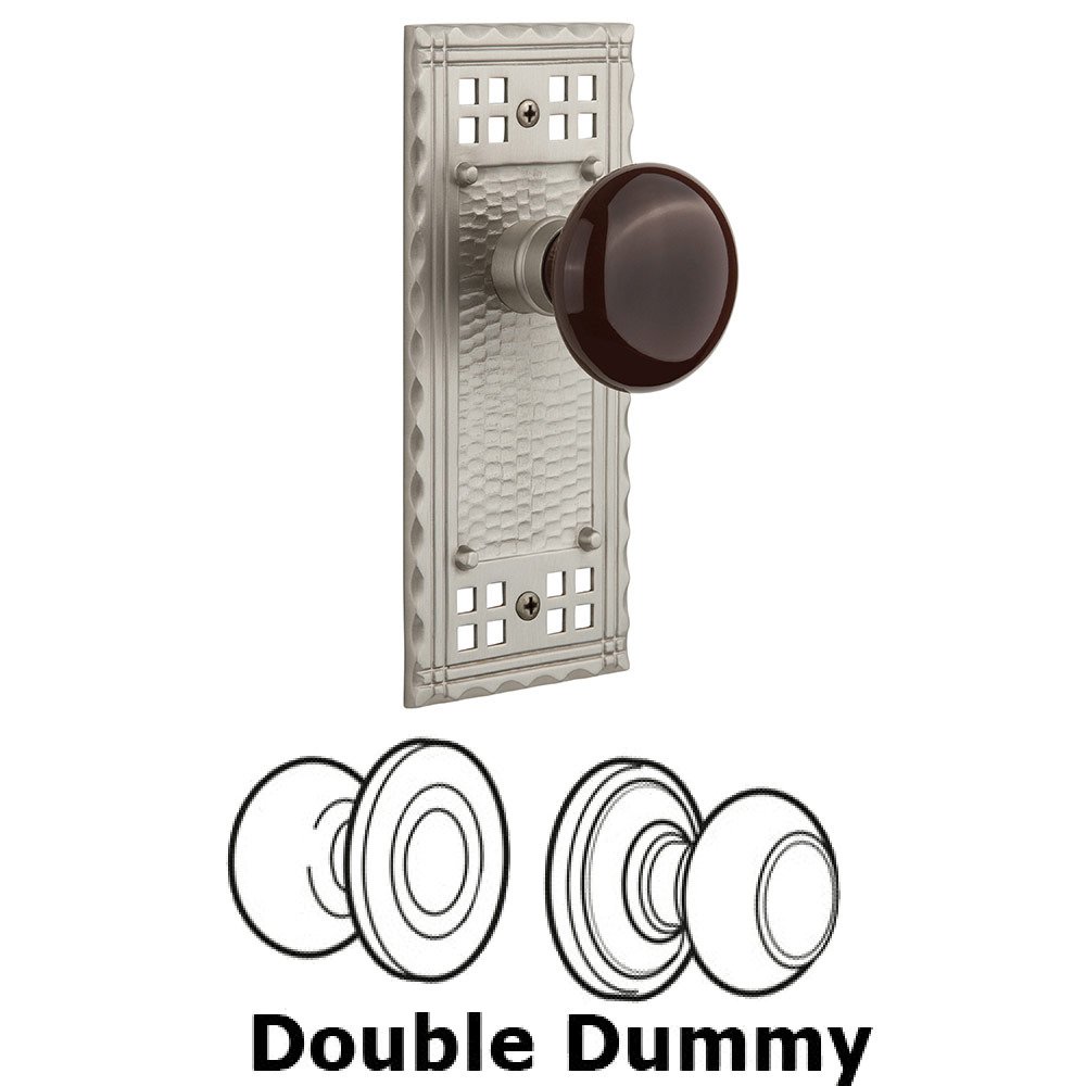 Double Dummy Craftsman Plate with Brown Porcelain Knob in Satin Nickel
