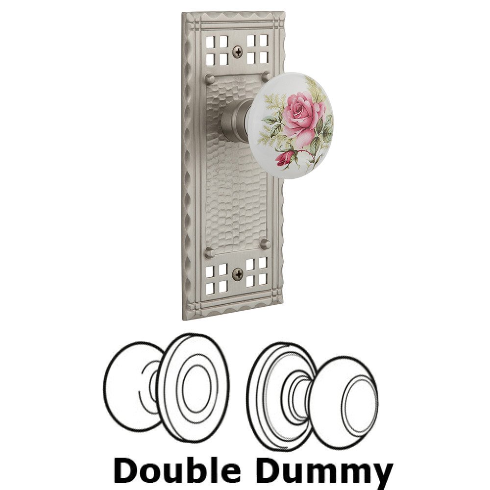 Double Dummy Craftsman Plate with White Rose Porcelain Knob in Satin Nickel
