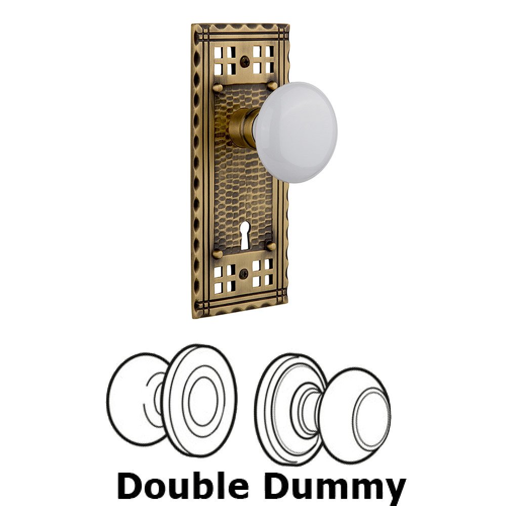 Double Dummy Craftsman Plate with White Porcelain Knob and Keyhole in Antique Brass