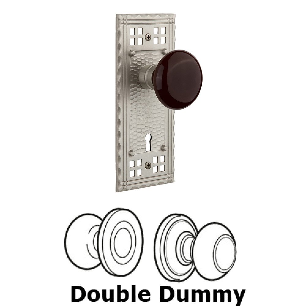 Double Dummy Craftsman Plate with Brown Porcelain Knob and Keyhole in Satin Nickel