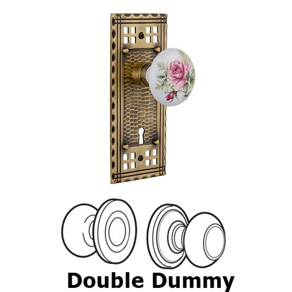 Double Dummy Craftsman Plate with White Rose Porcelain Knob and Keyhole in Antique Brass