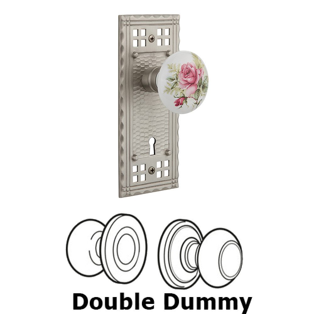 Double Dummy Craftsman Plate with White Rose Porcelain Knob and Keyhole in Satin Nickel