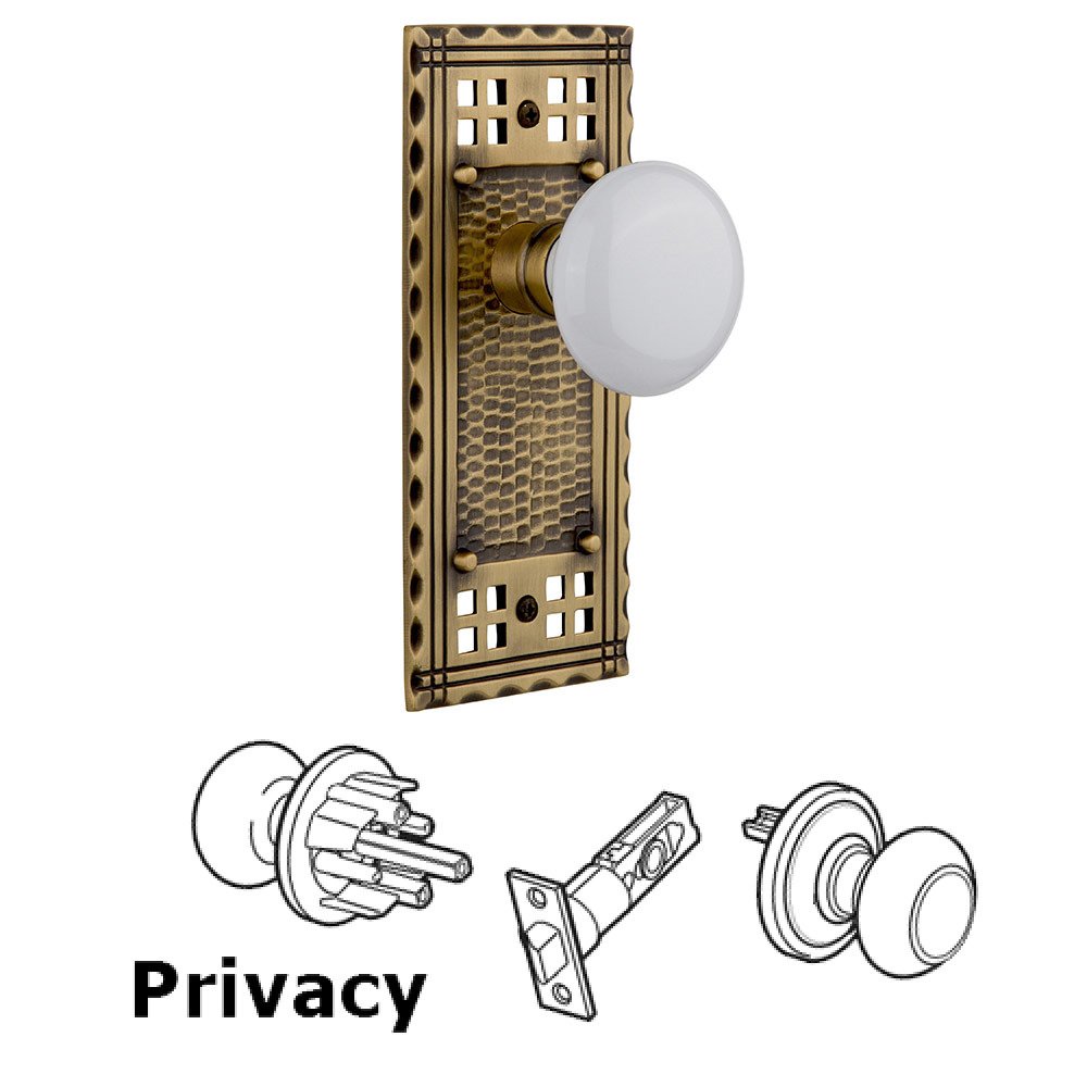 Privacy Craftsman Plate with White Porcelain Knob in Antique Brass