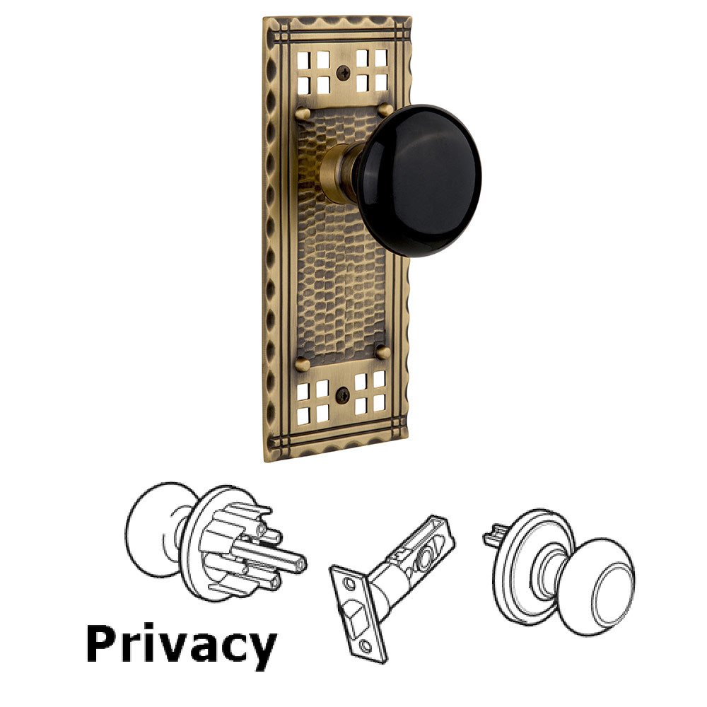 Privacy Craftsman Plate with Black Porcelain Knob in Antique Brass