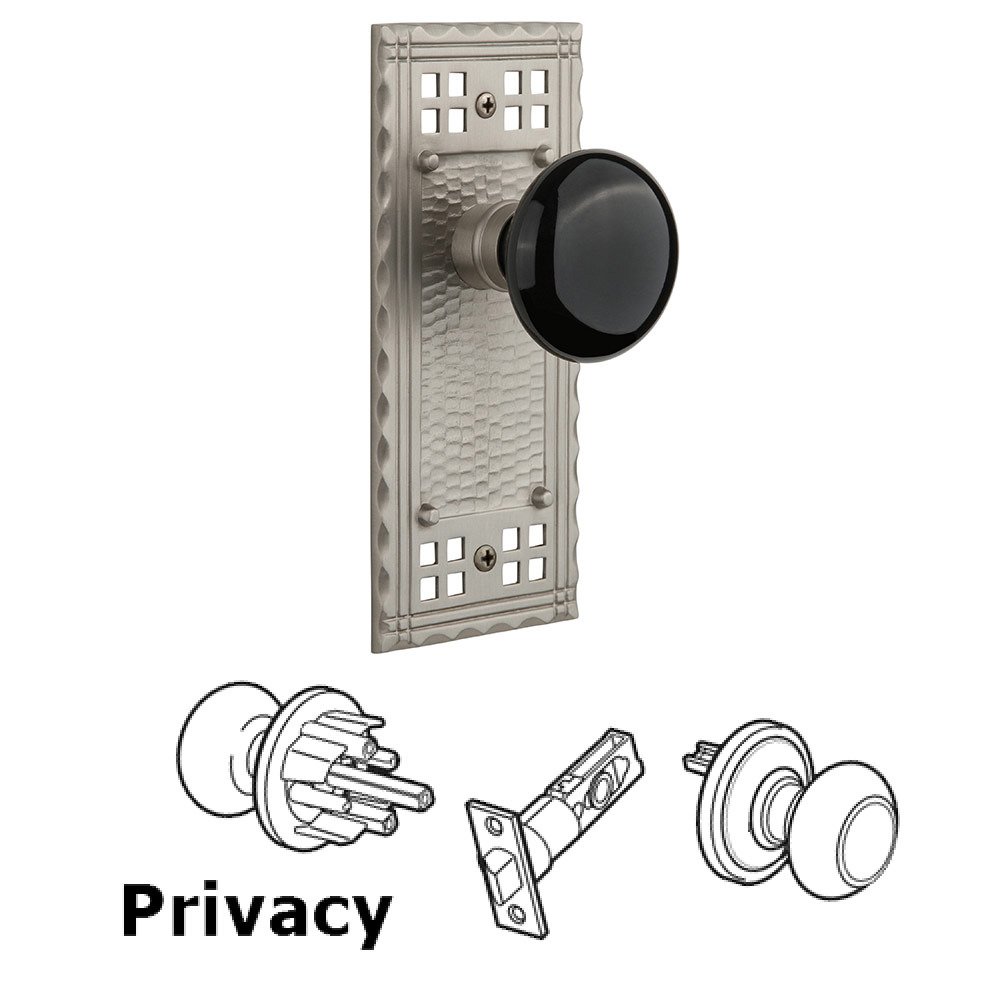 Privacy Craftsman Plate with Black Porcelain Knob in Satin Nickel