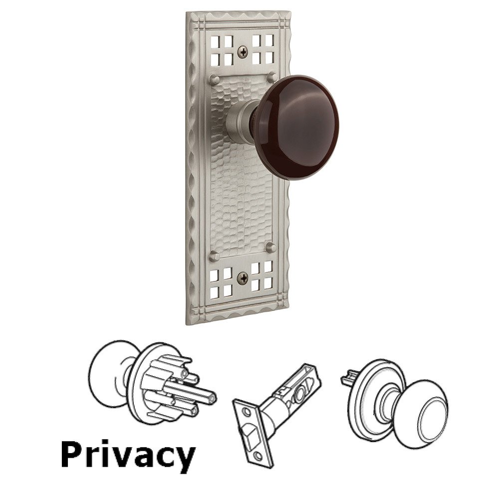 Privacy Craftsman Plate with Brown Porcelain Knob in Satin Nickel
