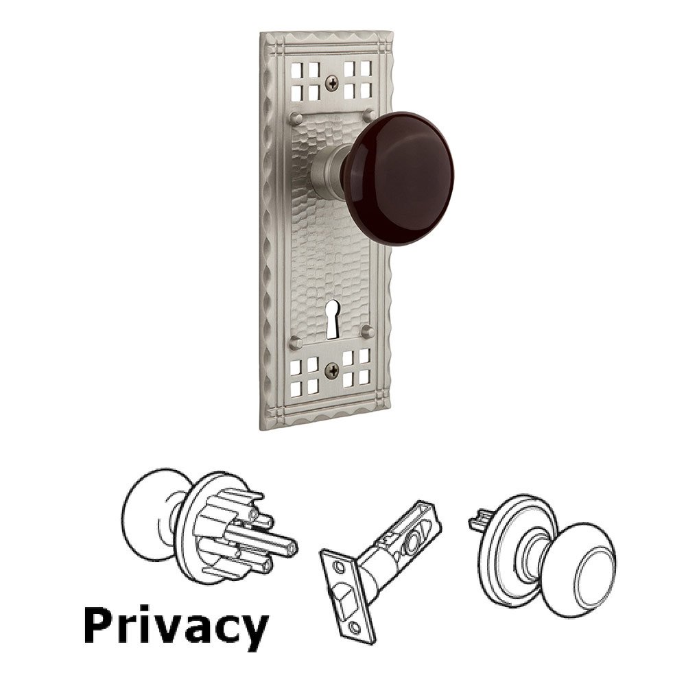 Privacy Craftsman Plate with Brown Porcelain Knob and Keyhole in Satin Nickel