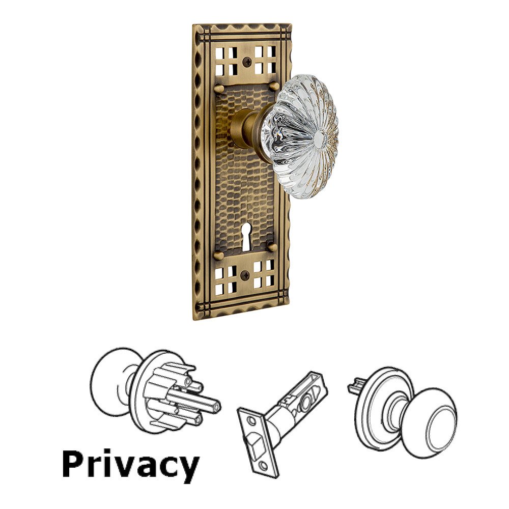 Privacy Craftsman Plate with Keyhole and Oval Fluted Crystal Glass Door Knob in Antique Brass