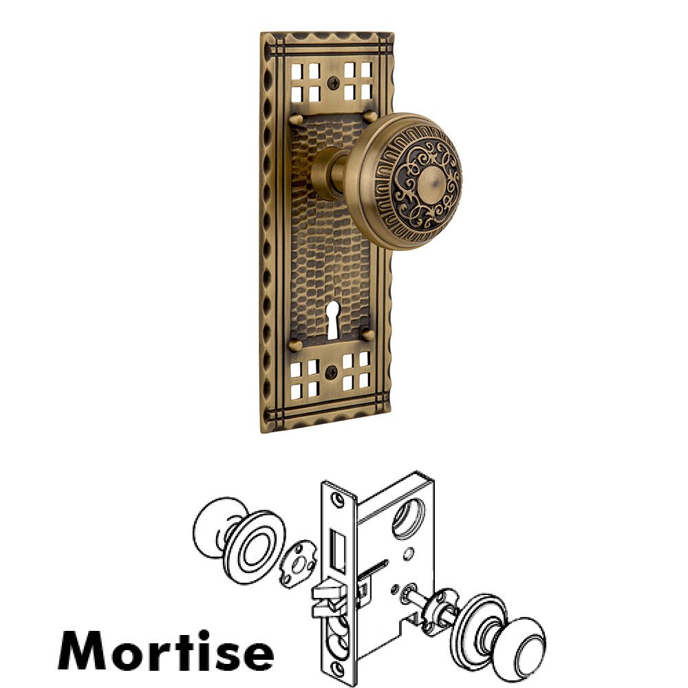 Mortise Craftsman Plate with Egg and Dart Knob and Keyhole in Antique Brass