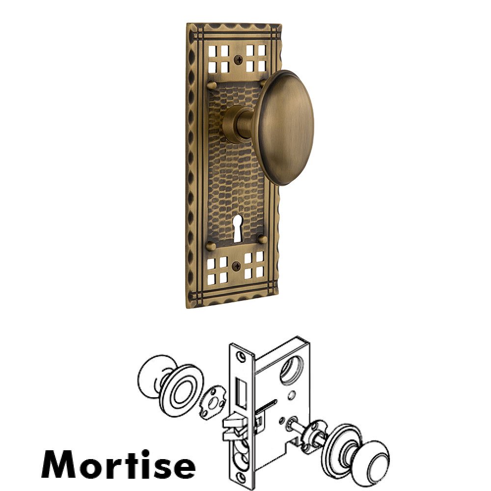Mortise Craftsman Plate with Homestead Knob and Keyhole in Antique Brass