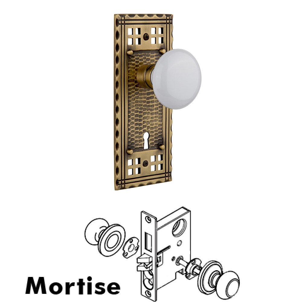 Mortise Craftsman Plate with White Porcelain Knob and Keyhole in Antique Brass