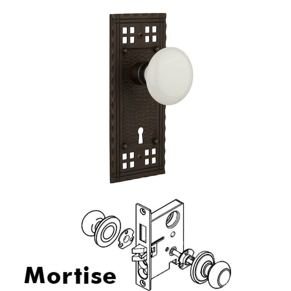 Mortise Craftsman Plate with White Porcelain Knob and Keyhole in Oil Rubbed Bronze