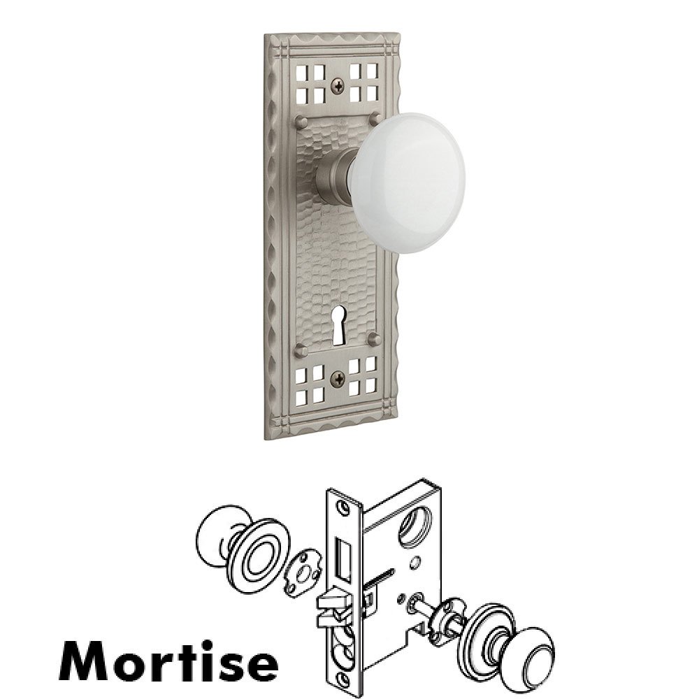 Mortise Craftsman Plate with White Porcelain Knob and Keyhole in Satin Nickel