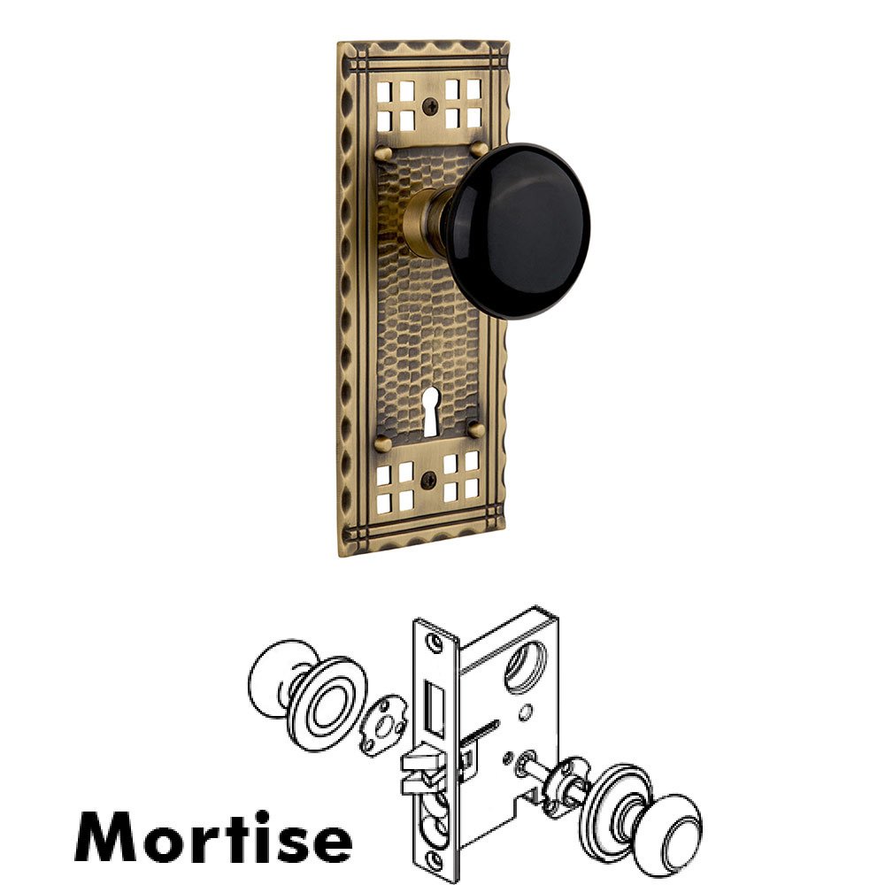 Mortise Craftsman Plate with Black Porcelain Knob and Keyhole in Antique Brass