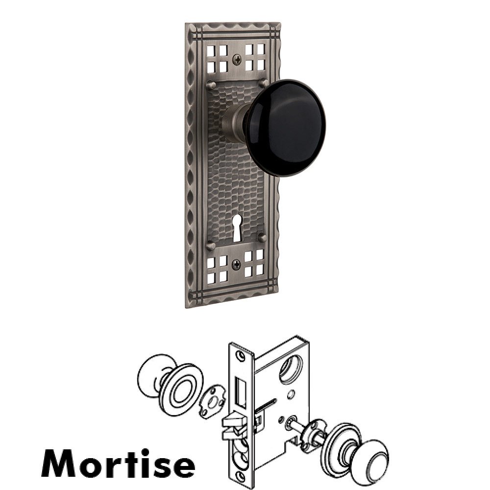 Mortise Craftsman Plate with Black Porcelain Knob and Keyhole in Antique Pewter
