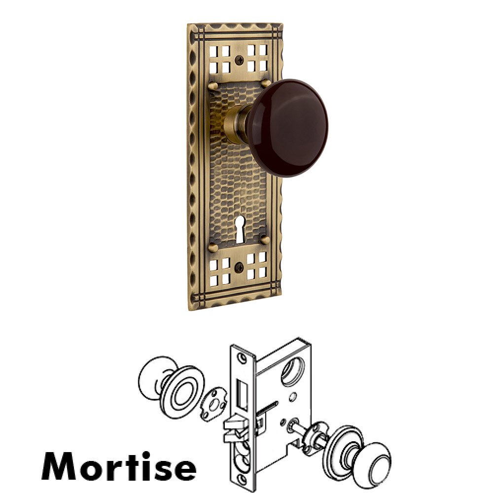 Mortise Craftsman Plate with Brown Porcelain Knob and Keyhole in Antique Brass